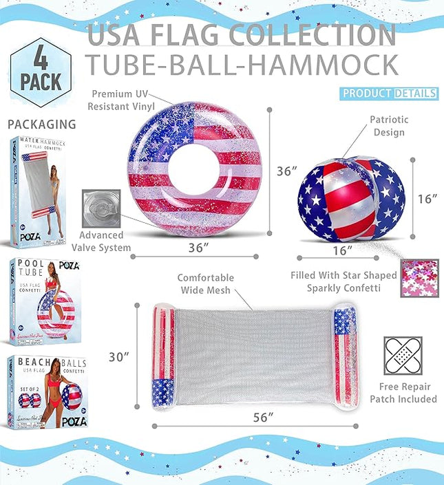 POZA Inflatable USA Pool Float - Luxurious Fun Lounger Filled with Sparkle Silver Stars Confetti, Cool USA Flag Design Water Swimming Pool Floaties for Beach, Lake & Pool