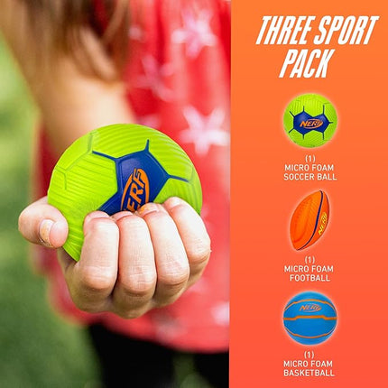 Nerf Micro Foam Sports Ball Set - Kids Foam Micro Football, Soccer Ball + Basketball Set Soft Stress Relief Foam Sports Set for Kids - Multicolor