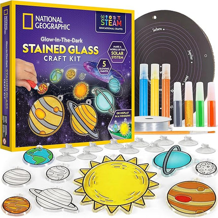 NATIONAL GEOGRAPHIC Kids Window Art Kit - Stained Glass Solar System Arts & Crafts Kit with Glow in The Dark Planets, Use as Window Suncatchers, Hanging Decor from Ceiling, Mobile, Space Room Decor
