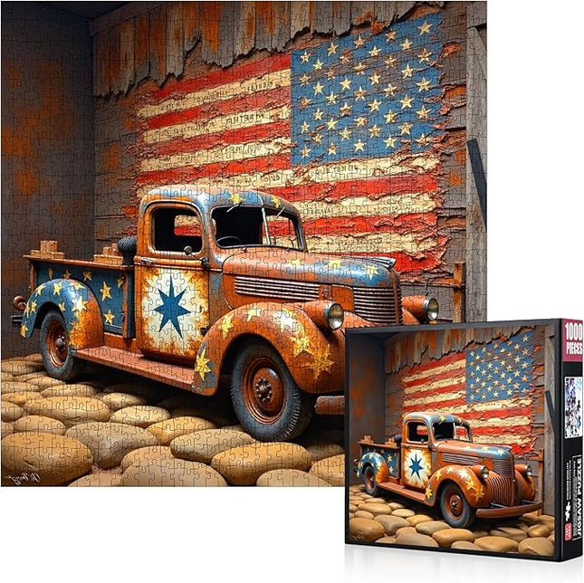 Vintage Truck Jigsaw Puzzle - 1000pcs Large Paper Puzzle for Adults, Rustic American Flag Design, DIY Home Decor & Brain Teaser Game, for Holidays & Family Fun, Vintage Truck Theme