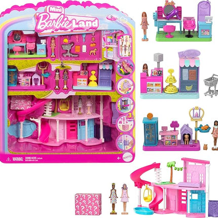 Barbie Mini Land DreamHouse & 3 Playsets with 4 1.5-Inch Dolls, Doll House Furniture & Accessories, Includes Pet Boutique, Hair Salon, & Supermarket