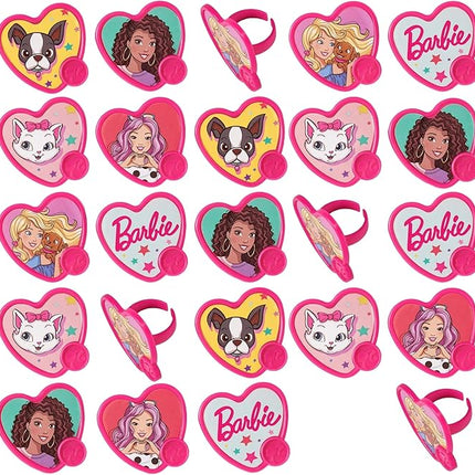 DecoPac Barbie Be The Future Rings, Pink Heart Shaped Cupcake Decorations Featuring Barbie and her Friends For Birthday Party And Celebrations - 24 Pack