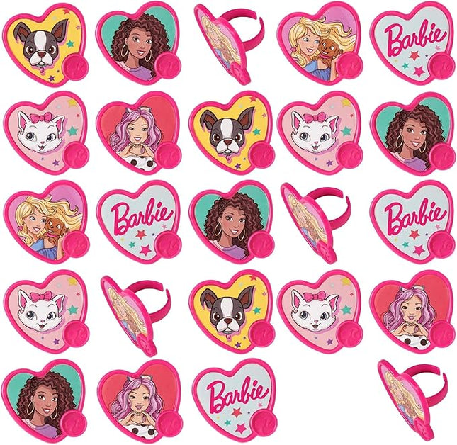 DecoPac Barbie Be The Future Rings, Pink Heart Shaped Cupcake Decorations Featuring Barbie and her Friends For Birthday Party And Celebrations - 24 Pack