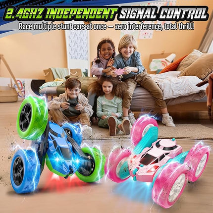 Upgraded RC Car for Kids, 360° Rotating Double Sided Stunt Vehicle with Headlights, 2.4GHz 4WD Remote Control Car, USB-C Rechargeable Electric Toy for Boys & Girls (Blue-Green)