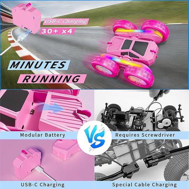 RC Stunt Car, Rmote Control Car for Gilrs, Double-Sided RC Crawler with 4 USB-C Batteries, 360° Rotating Drift Car, 2.4GHz Truck Toy for Kids 4-8+ Years
