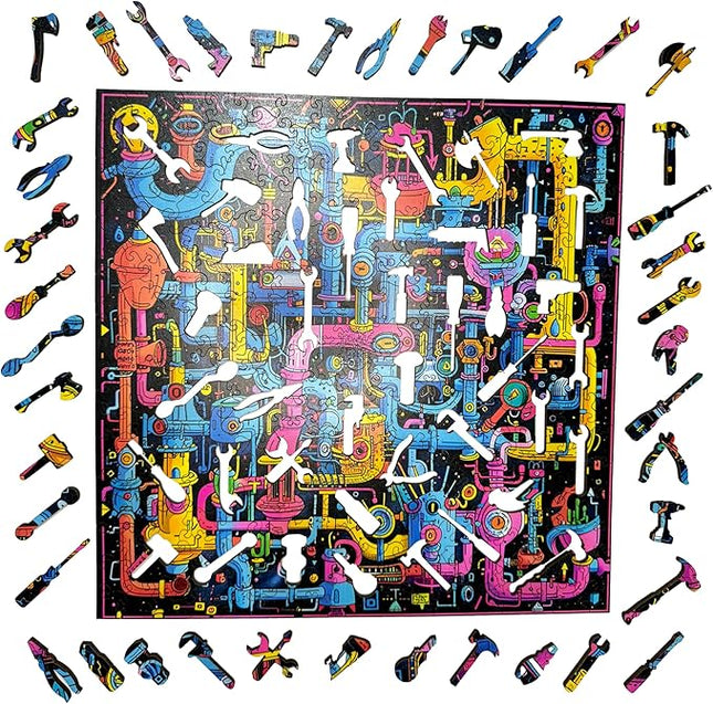 Wooden Jigsaw Puzzle for Adults - Challenging 300 Piece Puzzle with Cool Shapes - Mind Bending Brain Teaser Collection (Sci-Fi Sewer)