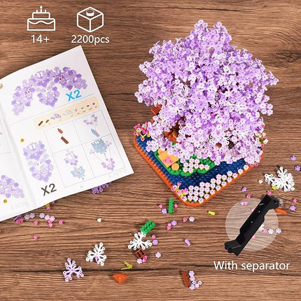 Cherry Blossom Bonsai Tree Micro Building Set Creative Gift for Adults 14+, Japanese Purple Cherry Tree House Micro Blocks Model for Adults, Flowers House 2200PCS