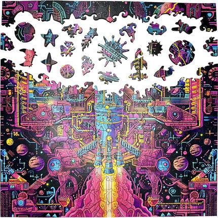 Wooden Jigsaw Puzzle for Adults - Challenging 300 Piece Puzzle with Cool Shapes - Spaceship Rocket Puzzle - Mind Bending Brain Teaser Collection (Galactic Gear)