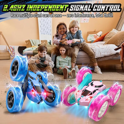 RC Stunt Car for Kids, 360° Flip Double Sided Remote Control Vehicle with Headlights, USB-C Rechargeable 4WD Toy, 2.4GHz Electric Car for Boys and Girls (Blue)