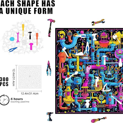 Wooden Jigsaw Puzzle for Adults - Challenging 300 Piece Puzzle with Cool Shapes - Mind Bending Brain Teaser Collection (Sci-Fi Sewer)