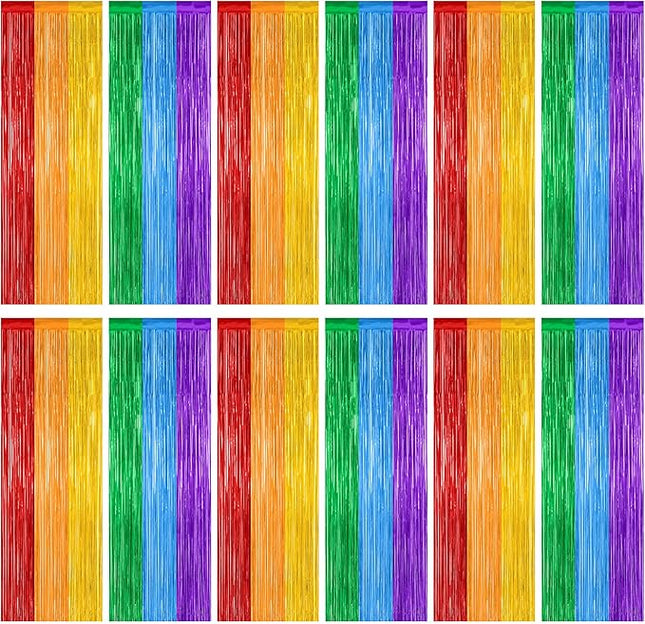 12 Pack Rainbow Backdrop, 3.28 FT x 7.05 FT Pride Decorations, Metallic Fringe Curtains Party Streamer Tinsel Backdrop, Rainbow Foil Curtains Birthday Party Decor Photo Booth Props