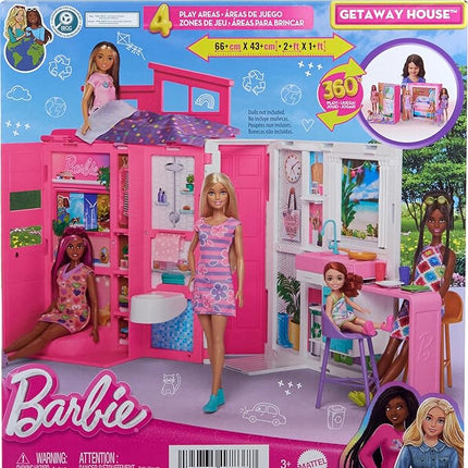 Barbie Dollhouse Playset, Getaway House with 11 Accessories Including 2 Chairs, 4 Play Areas & 360-degree Play