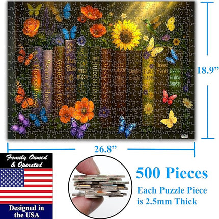 Think2Master Enchanted Library 500 pieces Large Format Jigsaw Puzzle: kids 12+, teens, adults & families. Magical Bookshelf with Butterflies & Flowers Botanical Garden. Great gift. Size: 26.8” X 18.9”