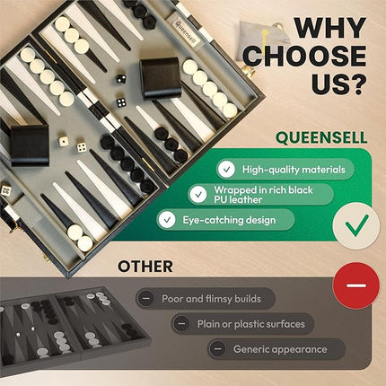 Backgammon Sets for Adults – 15-Inch Black PU Leather Board Game Set – Classic 2-Player Travel Backgammon Set with 32 Playing Pieces, Dice, and Cups