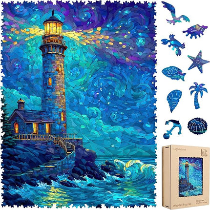 Leodozzio Wooden Puzzles for Adults, Lighthouse Jigsaw Puzzles 200 Pieces-5MM Thickness, 8.8x11.7 Inch, Unique Shaped Wooden Puzzle, Birthday Gift Family Game