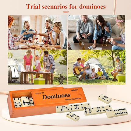Smilejoy Dominos Set for Adults -Jumbo Size Dominoes Double Six Edition- Classic Board Games- Thick Size Double 6 Domino Set with Deluxe Brown Wood Box, 28 Tiles (2-4 Players)