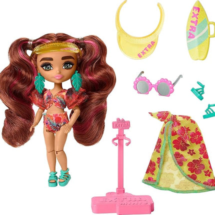 Barbie Extra Fly Minis Travel Doll, Beach Look with Pink-Streaked Pigtails in Swimsuit, Sarong & Accessories
