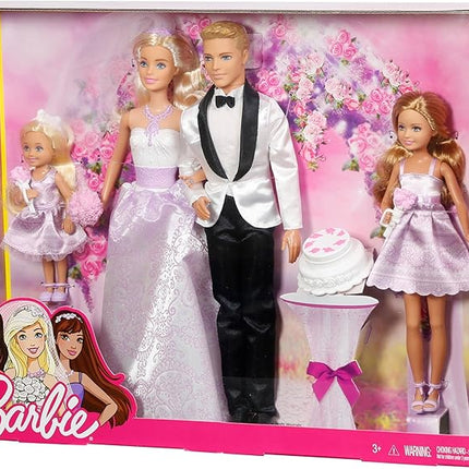 Barbie Wedding Set with Bride and Groom Dolls, Stacie, Chelsea and Accessories (Mattel DRJ88), Assorted Colour/Model