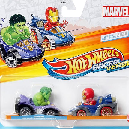 Hot Wheels RacerVerse Toy Cars 2-Pack Set of 2 Die-Cast Vehicles with Non-Removable Drivers of Their Own Cars: Hulk & Iron Man, Optimized for Track