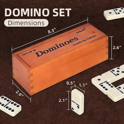 Smilejoy Dominos Set for Adults -Jumbo Size Dominoes Double Six Edition- Classic Board Games- Thick Size Double 6 Domino Set with Deluxe Brown Wood Box, 28 Tiles (2-4 Players)