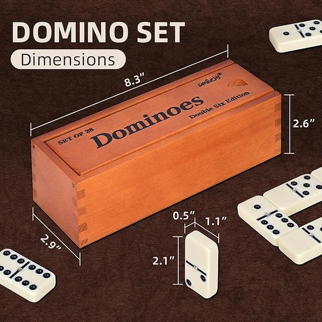 Smilejoy Dominos Set for Adults -Jumbo Size Dominoes Double Six Edition- Classic Board Games- Thick Size Double 6 Domino Set with Deluxe Brown Wood Box, 28 Tiles (2-4 Players)