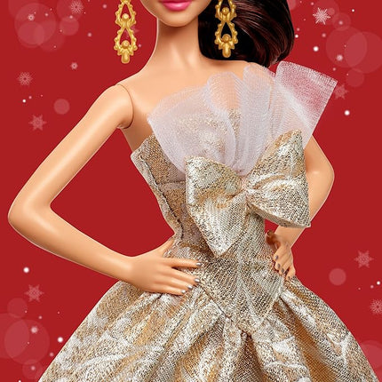 Barbie Signature 2025 Holiday Light Brown Hair Fashion Doll Wearing Silver & Gold Gown, Seasonal Collector in Displayable Packaging & Stand