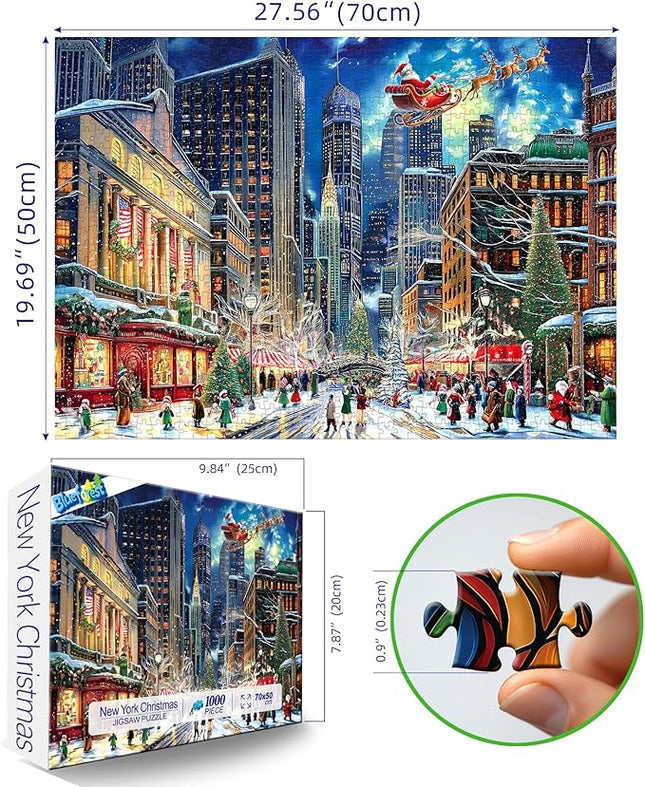 Blueforest Christmas Jigsaw Puzzle 1000 Pieces for Adults - 27.5x19.7 Inches City Night Scene with Santa Sleigh, Challenging Fun Adult Puzzles Home Decor