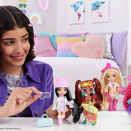 Barbie Extra Fly Minis Travel Doll, Beach Look with Pink-Streaked Pigtails in Swimsuit, Sarong & Accessories