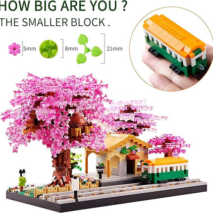 Architecture, Japanese Sakura Tree Class Train Station Cherry Blossom Tree Building Block Model Kit 3668 PCS for Adults and Kids, Classical Building Micro Blocks Set,Mini DIY Assembly Toy