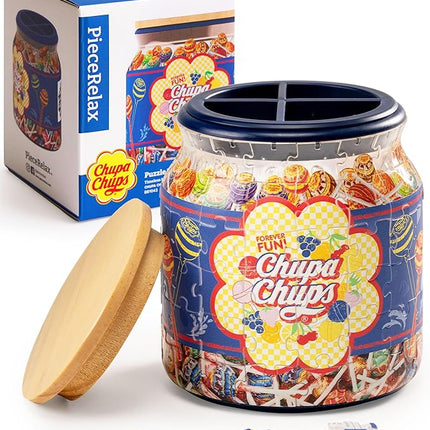 Chupa Chups X PieceRelax 3D Puzzle Jar 96 Plastic Pieces for Adults - Timeless Memories - Pop Energy M Use Includes Divider as Pen and Utensils Holder with Wooden Lid for Kitchen Dining Study [BB1043]