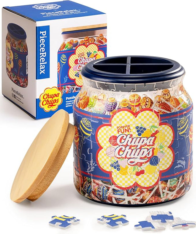 Chupa Chups X PieceRelax 3D Puzzle Jar 96 Plastic Pieces for Adults - Timeless Memories - Pop Energy M Use Includes Divider as Pen and Utensils Holder with Wooden Lid for Kitchen Dining Study [BB1043]