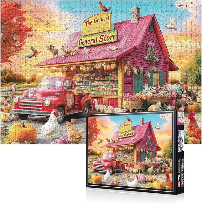 1000 Piece Jigsaw Puzzle for Adults – Country General Store with Red Vintage Truck, Farm Animals & Autumn Harvest | Challenging Puzzle for Relaxation, Brain Exercise & Gifts