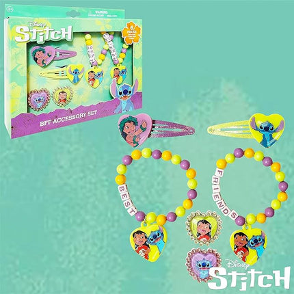 LUV HER Disney Stitch Girls BFF 6 Piece Toy Jewelry Box Set with 2 Rings, 2 Bead Bracelets and Snap Hair Clips Ages 3+
