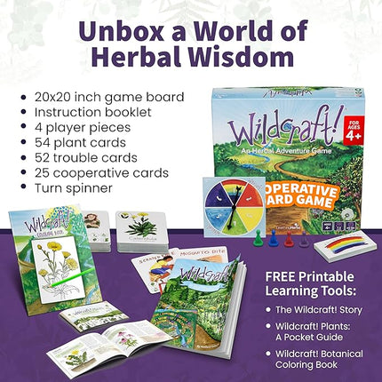 Wildcraft! an Herbal Adventure Cooperative Board Game - Learn 25 Herbs with No Reading Required - Educational Game for Kids 4+ & Families - Includes 3 Printable PDFs, Coloring Book & Plant Guide