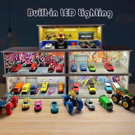 1/64 Scale Cars Display Case: Toy Car Parking Garage with LED Light Compatible with Hot Wheels, FoamBoard Storage Display for Matchbox with Acrylic Cover (Silent Scream)