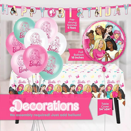 Barbie Birthday Party Decorations | Barbie Party Decorations | Serves 16 Guests | Balloons, Banner, Tablecover, Plates, Napkins, Button | Officially Licensed