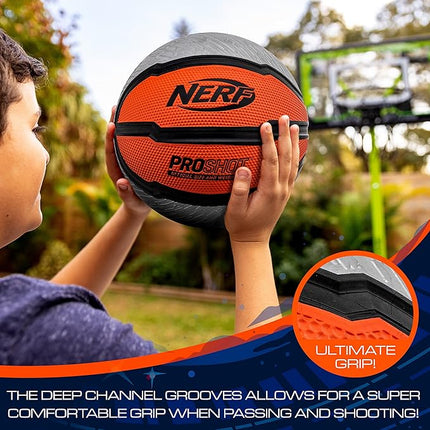 Nerf Indoor + Outdoor Basketball - Proshot Official Size 29.5" Basketball + Air Inflation Pump - Extra Grip for Gym + Driveway Hoops - Regulation B7 Ball - Black/Orange