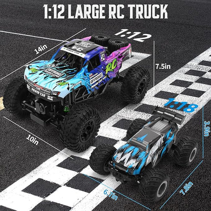Remote Control Truck,1:12 4x4 Offroad Waterproof RC Trucks Large Amphibious Remote Control Car,Dual Motors Crawler Vehicle, Monster Toys with 2 Rechargeable Batteries, Best Gift for Kids Adults