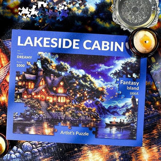1000 Piece Fantasy Island Sparkling Jigsaw Puzzle for Adults – Dreamy Lakeside Cottage Under Starry Night Sky, Whimsical Fairy Tale Art Puzzle, Relaxing and Challenging Gift for Puzzle Lovers