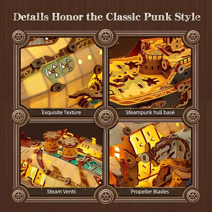 LED 3D Wood Puzzle Fantasy Airship Model - Steampunk DIY Craft Kit with LED Lights – Intricate Wooden Airship Model Building Set for Teens and Adults(White)