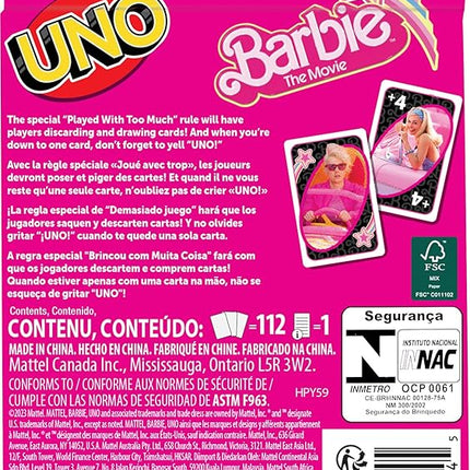Mattel Games UNO Barbie The Movie Card Game for Kids & Adults Featuring Characters Graphics & Special Rule, 2 to 10 Players