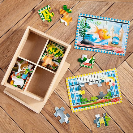 Melissa & Doug 4‑in‑1 Wooden Pets Jigsaw Puzzle Set, 48 Pieces with Storage Box, Toddler Puzzle Toy for Kids Ages 3+ - FSC Certified