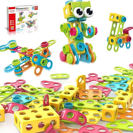 PicassoTiles 115 Piece Building Blocks Set Kids STEM Toy Construction Engineering Sensory Toys Kit Block Children Early Education Playset with FREE IdeaBook, Clickable Ratchet Age 3+ Boys Girls PTN115