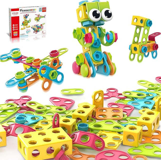 PicassoTiles 115 Piece Building Blocks Set Kids STEM Toy Construction Engineering Sensory Toys Kit Block Children Early Education Playset with FREE IdeaBook, Clickable Ratchet Age 3+ Boys Girls PTN115