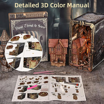 Book Nook Kit - DIY Miniature House Dollhouse Kit for Adults and Teens, Medieval Fantasy Viking Theme Bookshelf Decor 3D Wooden Puzzle Bookend, Gifts for Family, Friends (Voyage Through The Storm)