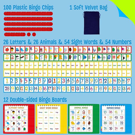 Family Bingo Game, Alphabet Animal Sight Word and Number Bingo Board Game, Counting and Matching Skills Classic Educational Game for Kindergarten and Preschool Kids, Perfect for Home and Classroom