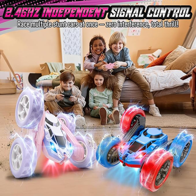 360° Flip RC Car for Girls, Upgraded Dual-Sided Stunt Car with Headlights, 2.4GHz 4WD Remote Control, USB-C Rechargeable Toy Gift for Kids Ages 6+ (Pink-Purple)