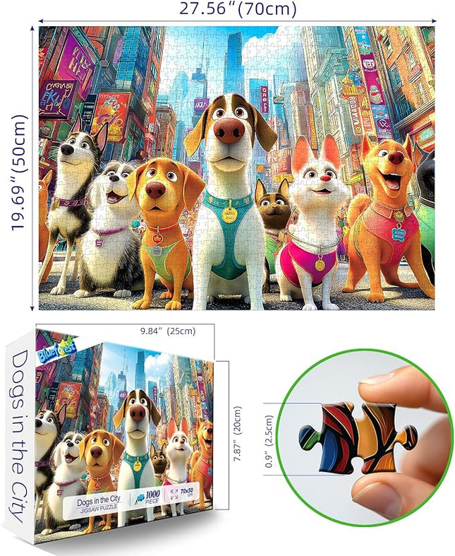 Blueforest 1000 Piece Jigsaw Puzzle for Adults, Cute Cartoon Dogs in City Street, Fun Unique Adult Puzzles for Relaxation & Family Activity 27.5x19.7 Inch