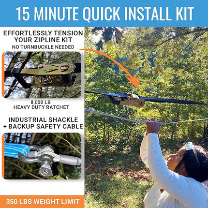 Zip Line Kit for Kids and Adults, 100/120/150/200 ft, Up to 350 Lbs, Removable Trolley, Rustproof Stainless Steel, Quick Setup with Ratchet, Safety Harness, Backyard Adventure Fun W/Climbing Holds