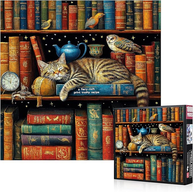 1000pcs Tally Cat Jigsaw Puzzle - Thick Durable Seamless Cardboard Puzzle for Adults & Families Night Game, Colorful Bookshelf Cats & Birds Puzzles Ideal for Gifts Cat Puzzles